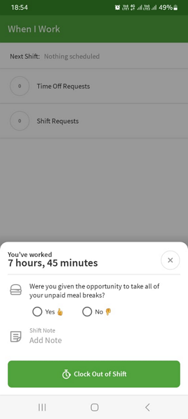 Screenshot showing the When I Work attestation on mobile.