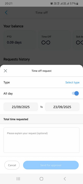 Screenshot showing Connecteam’s time off request window on mobile.