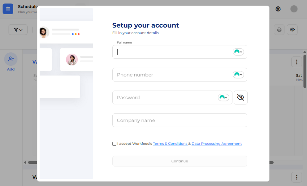 Screenshot showing Workfeed’s account setup page