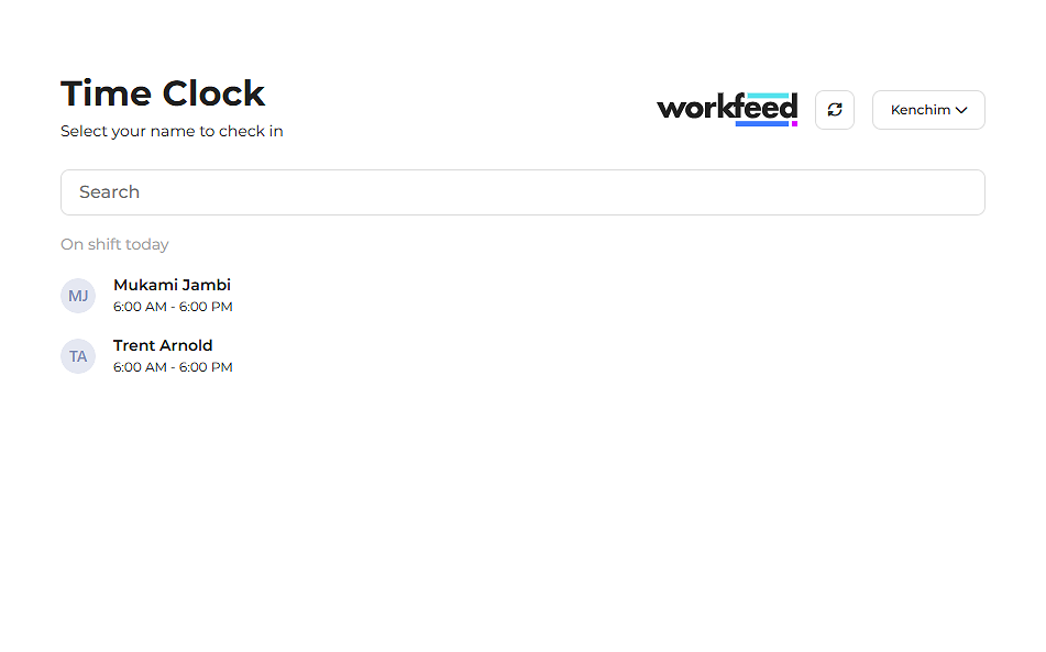 Screenshot showing Workfeed Terminal time clock