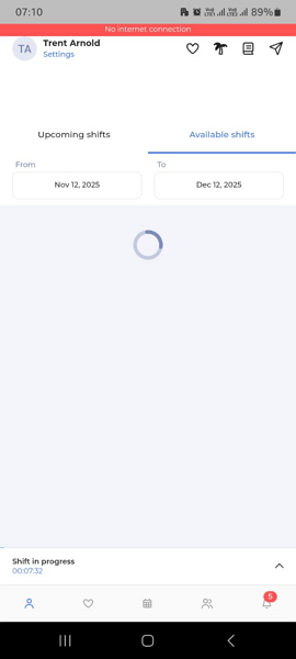 Screenshot showing Workfeed’s interface without an internet connection.