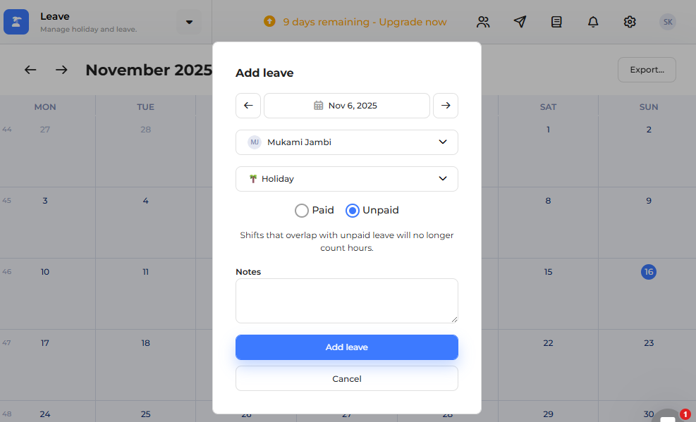 Screenshot showing leave settings page.