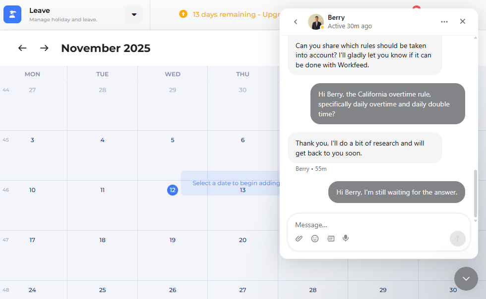 Screenshot showing Workfeed live chat