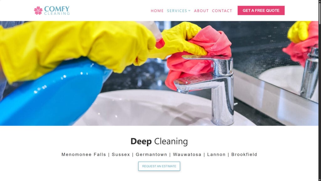 Comfy Cleaning's &ldquo;Deep Cleaning&rdquo; page features a vibrant photo of cleaning products, containing the brand's main colors.