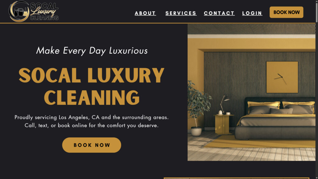 SoCal Luxury Cleaning's website features white text on a black background, with gold accents, as well as high-res luxury home photography.