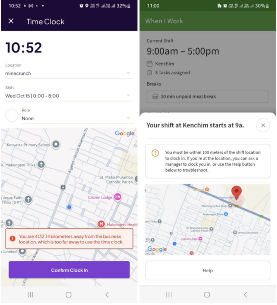 Screenshots showing Homebase’s and When I Work’s geofence warnings.