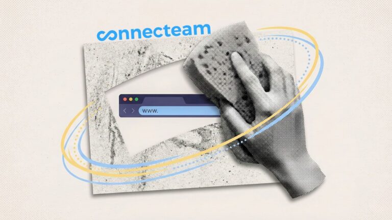 A hand wiping away a surface to reveal a browser address bar with the Connecteam logo on top