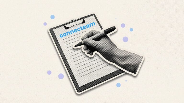 Illustration showing a gloved hand with a marker writing on a clipboard with the Connecteam logo