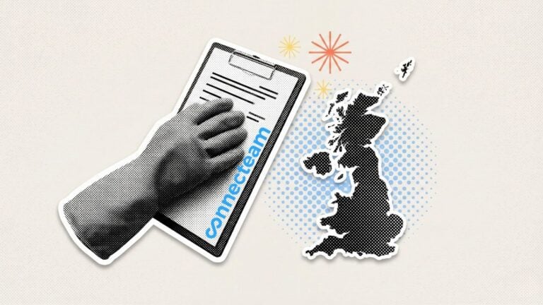 Illustration showing a hand wearing a rubber glove resting on a clipboard with the Connecteam logo next to a silhouette of the British Isles.