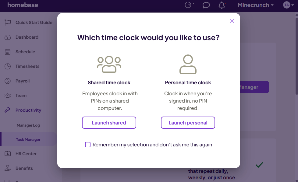 Screenshot showing Homebase’s time tracking options.