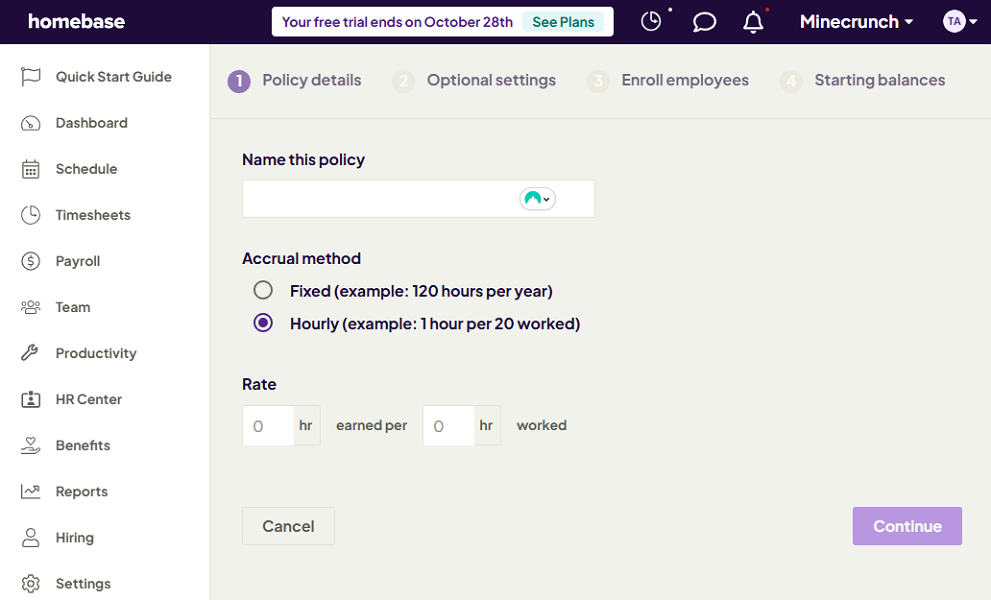 Screenshot showing Homebase’s PTO policy settings page.