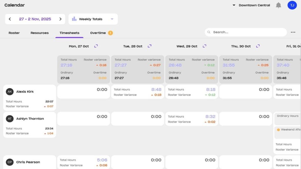  A timesheet in Droppah showing hours worked for several employees.