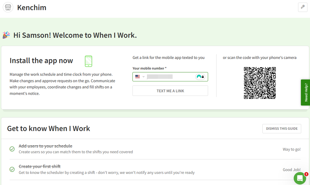 Screenshot showing When I Work’s getting started page.