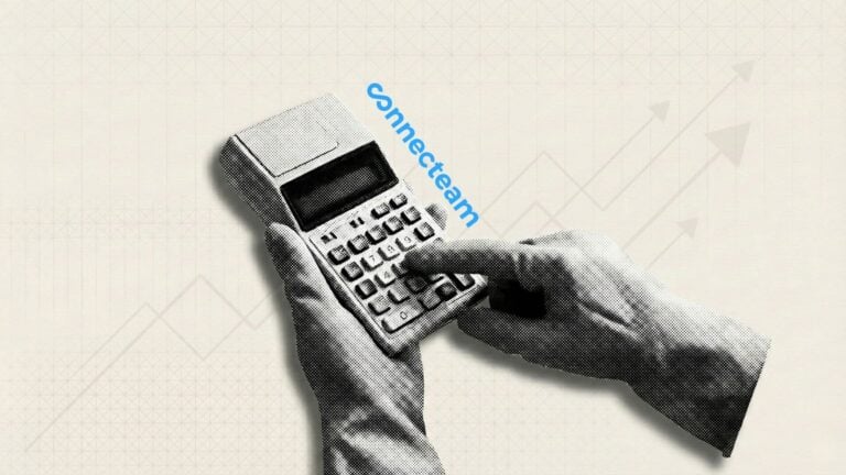 Hands in cleaning rubber gloves using a vintage calculator with the Connecteam logo