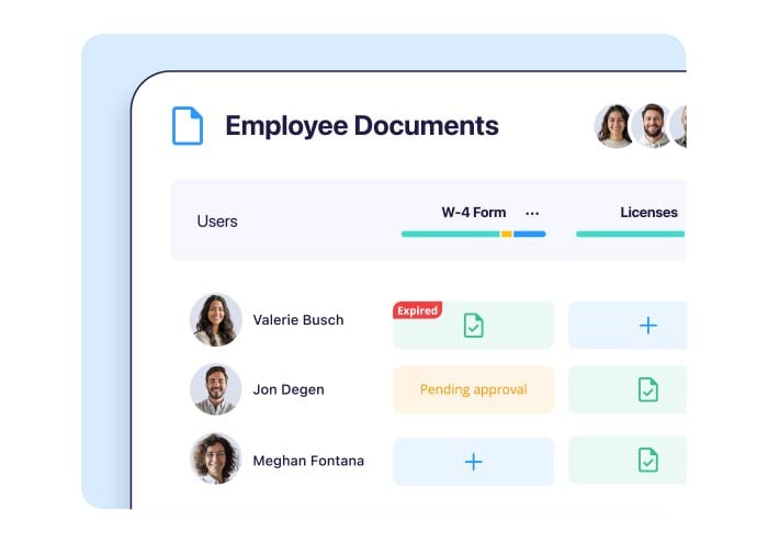 Connecteam Employee Documents dashboard showing document statuses including expired and pending approval