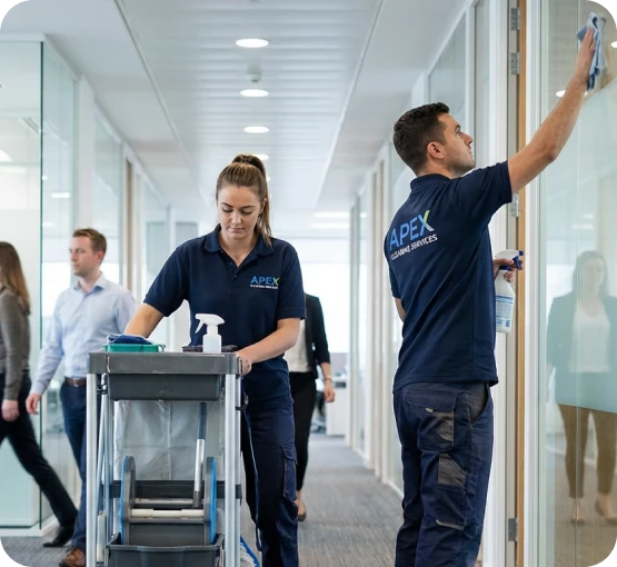Cleaning staff performing office cleaning tasks