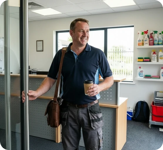 Cleaning employee arriving at workplace