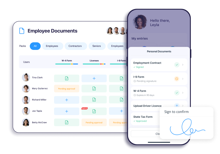 Connecteam employee documents dashboard showing document status tracking and mobile e-signature experience