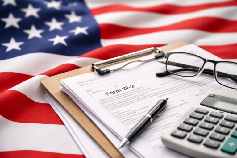 Tax documents on American flag backdrop