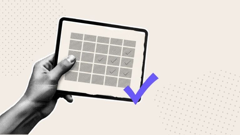 An illustration of a hand holding a tablet running workforce optimization software