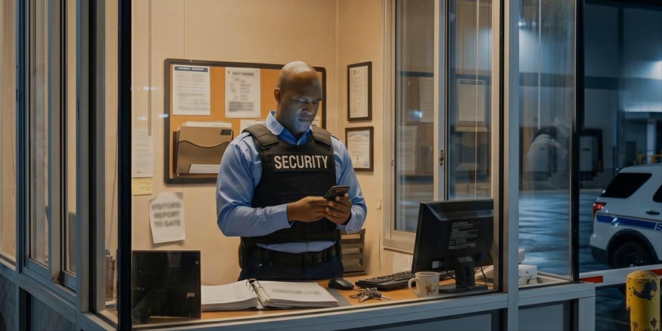 Security guard at a lobby desk reviewing information on his phone during a night shift