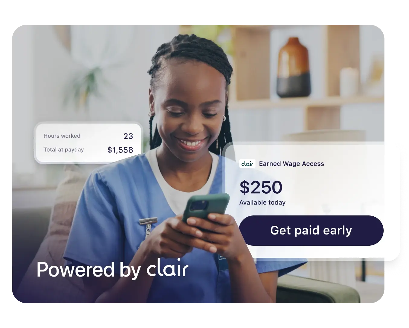 Clair promotional graphic featuring a healthcare worker looking at her phone, with overlaid user interface elements demonstrating 