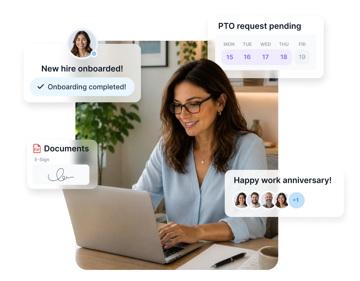 HR manager using Connecteam on a laptop, with UI callouts showing onboarding completion, a PTO request, e-sign documents, and a work anniversary notification.