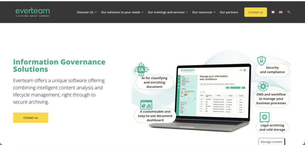 Website homepage for Everteam showing an open laptop displaying their information governance software dashboard, flanked by graphics highlighting key features such as AI document classification, customizable dashboards, security, and archiving.