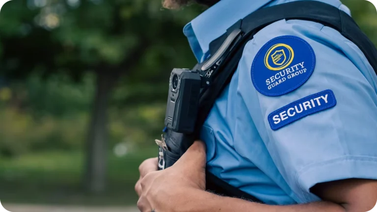 Security guard with body camera on uniform