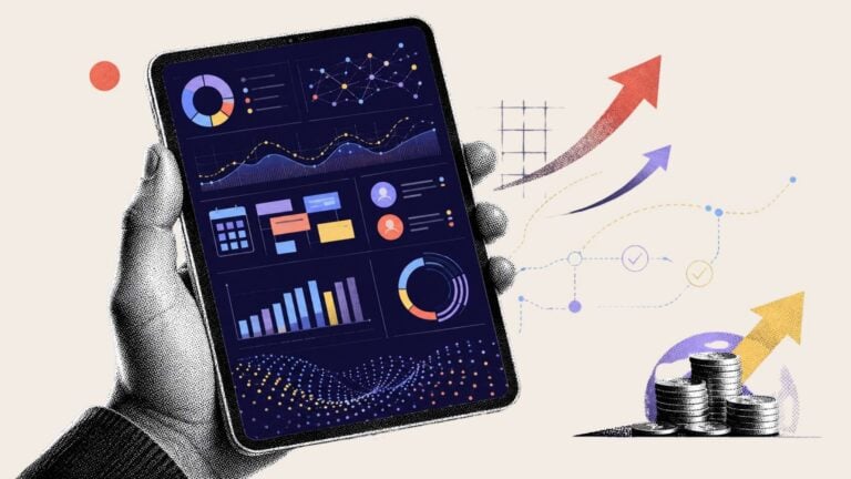 A graphic of a hand holding a tablet with trend data