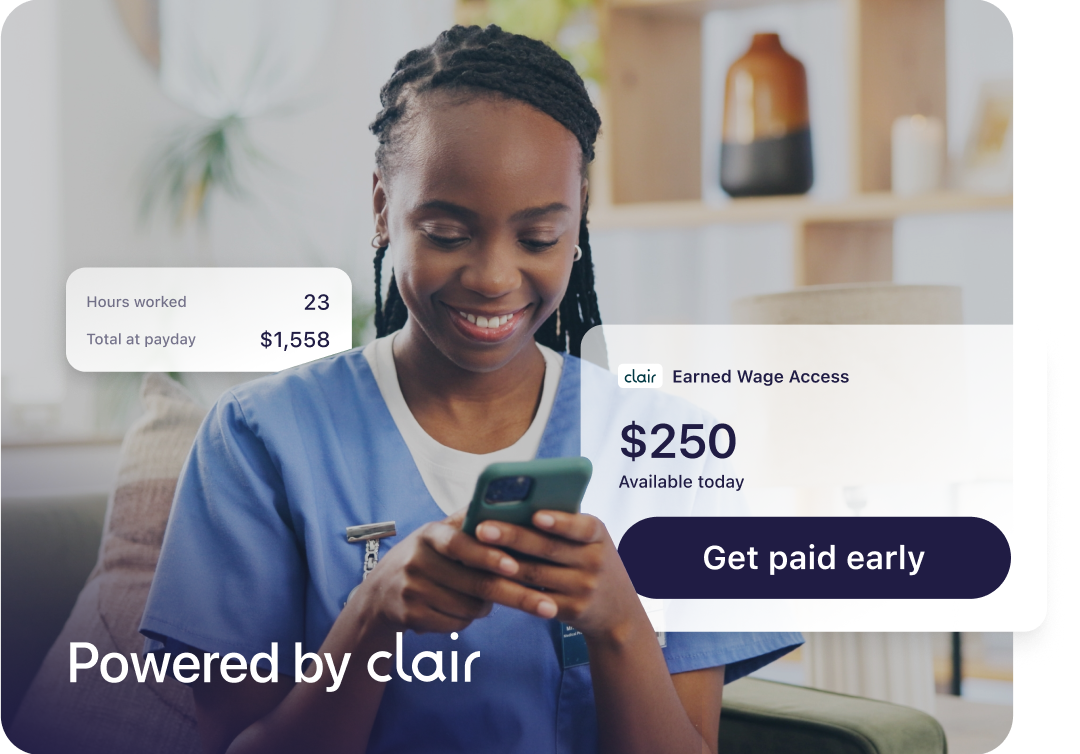 Healthcare worker using Connecteam to view hours and access earned wages early.