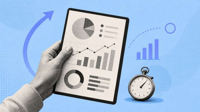 A graphic showing a hand holding a tablet with time tracking statistics on it.