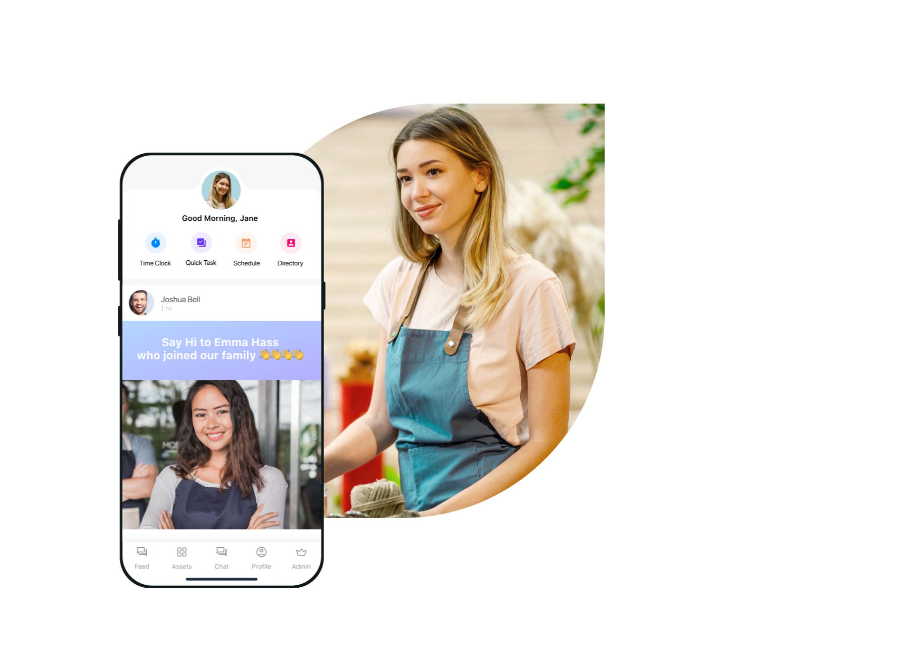 the graphic features a smiling female employee in an apron standing next to a smartphone screen mockup. The phone display showcases a company feed welcoming a new team member (