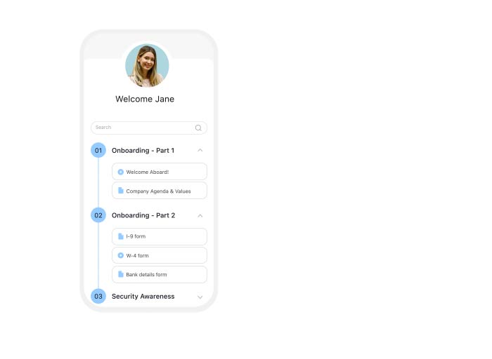 he graphic displays a mobile interface mockup tracking an employee onboarding checklist titled 