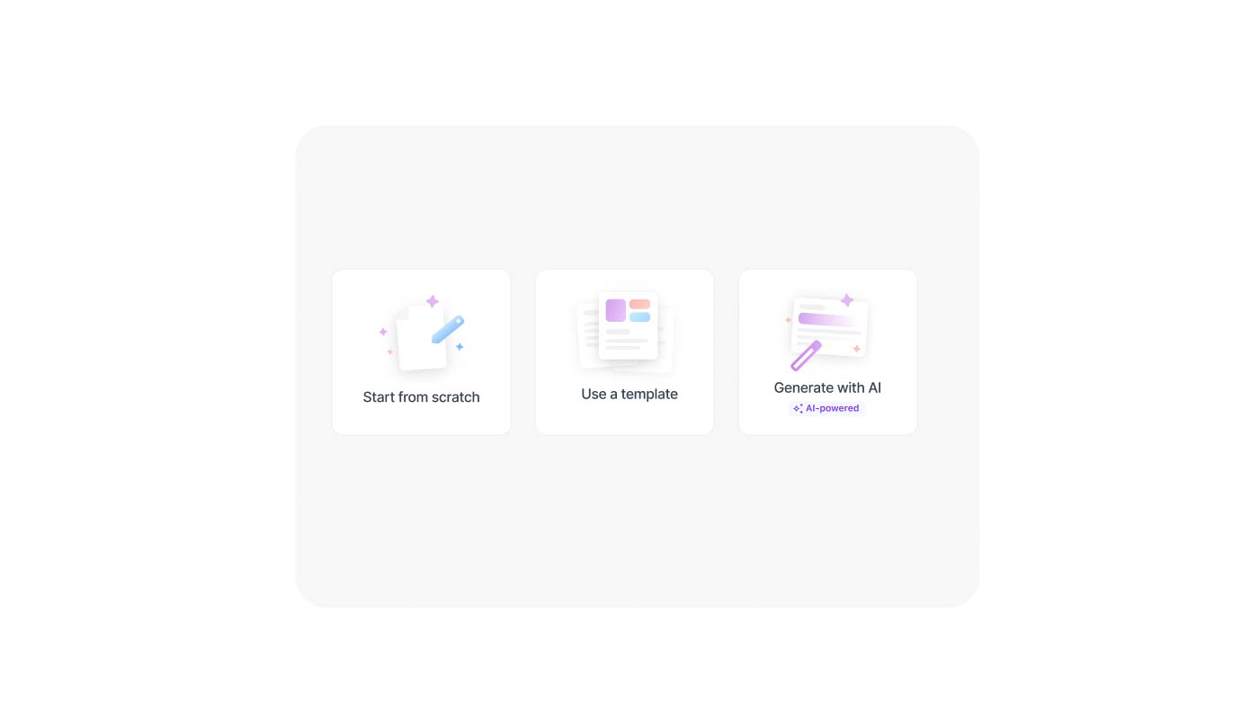 he graphic displays three white, square option cards for creating new content or workflows