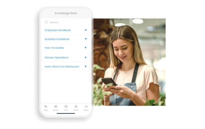 Based on 3537 Employee Onboarding Solution Page_mobile3.jpg, the graphic features a smiling female employee in an apron looking at her smartphone next to a mobile interface mockup. The phone screen displays a company 
