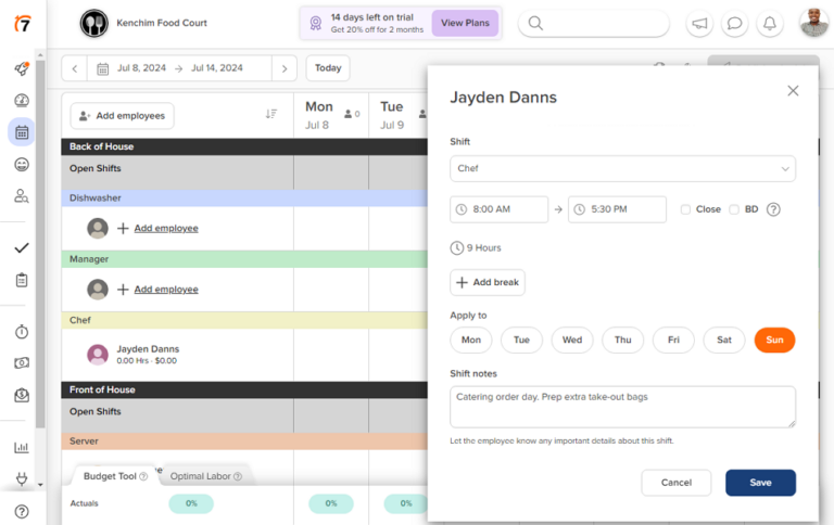 Screenshot showing the 7Shifts scheduling page.