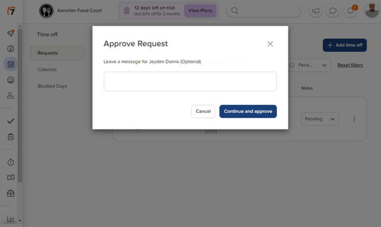 Screenshot showing the 7Shifts time off request approval page.