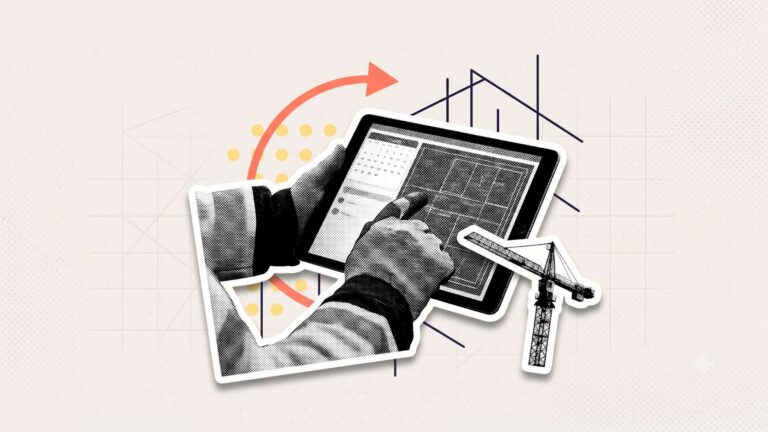 A collage of hands holding a tablet running AI construction scheduling software