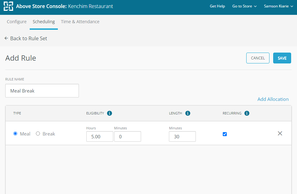Screenshot showing HotSchedules break rule settings page.