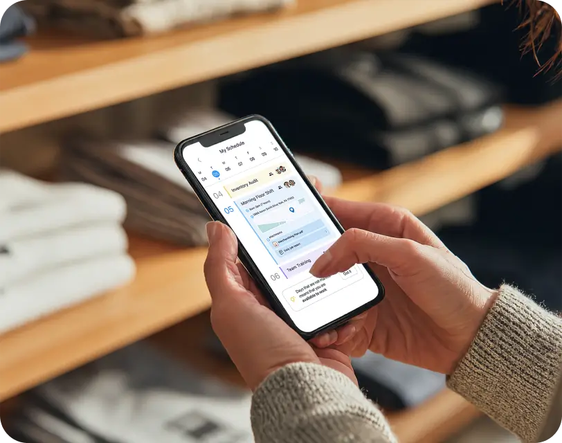Person viewing a shift scheduling app on their phone in a retail store.