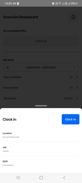  Screenshot showing Square mobile app clock-in button. 