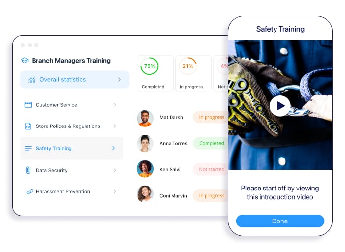 Connecteam employee training dashboard displaying course progress, completion status, and a mobile safety training lesson.