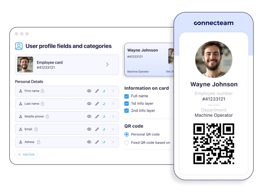 Illustration of the Connecteam app showcasing digital employee ID management, featuring a desktop dashboard with customizable user profile fields next to a smartphone displaying a digital ID card with a QR code.