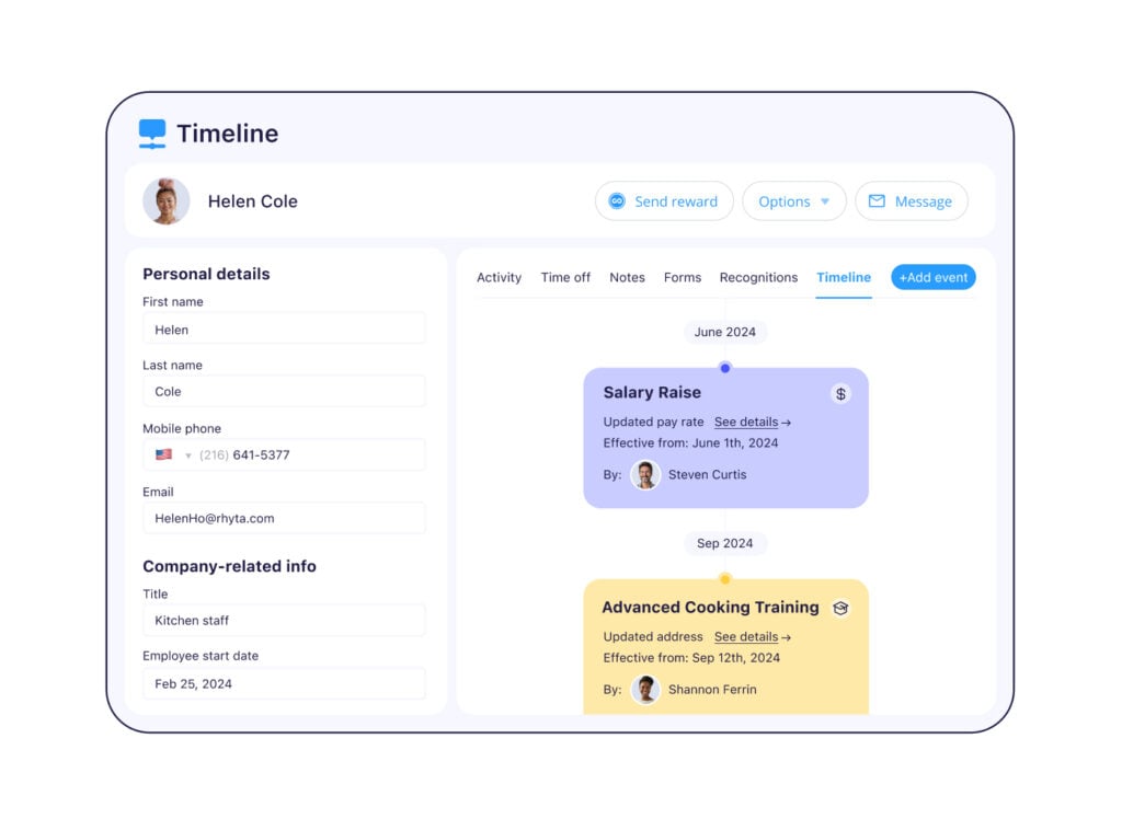 An employee profile dashboard displaying personal details alongside a chronological career timeline of milestones like raises and training.