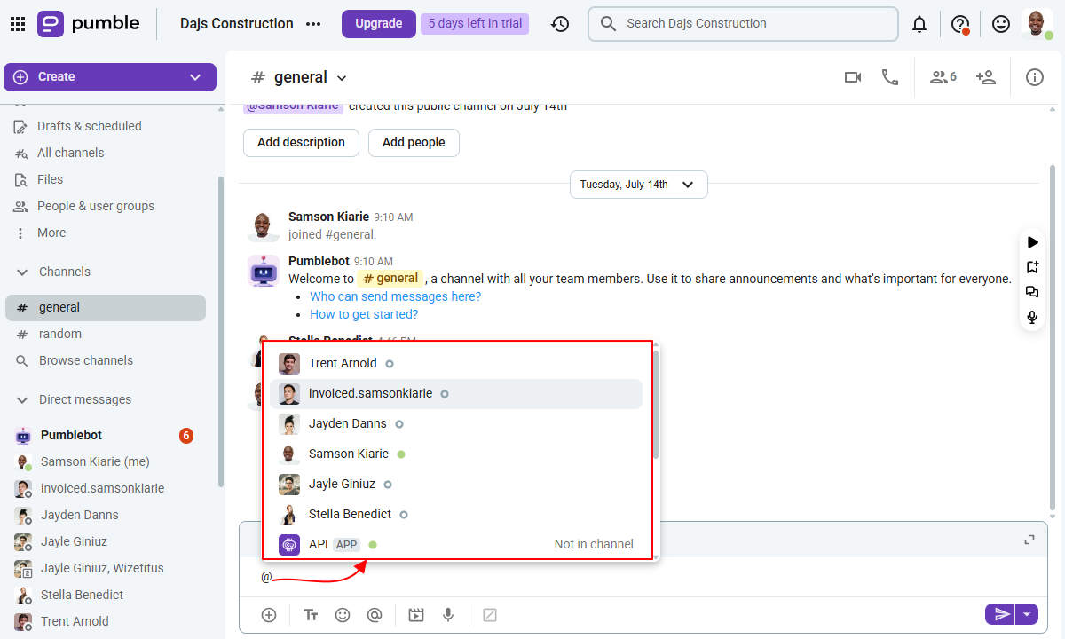 Screenshot showing Pumble&rsquo;s mentions tool.
