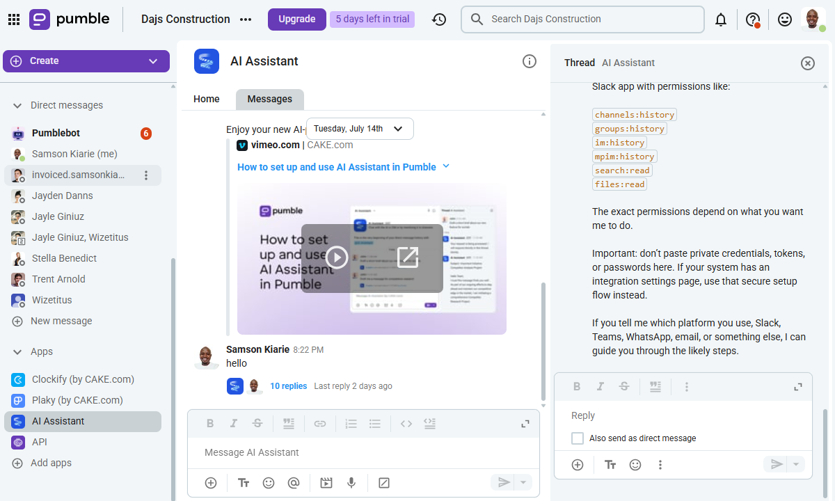 Screenshot showing Pumble AI assistant conversation.