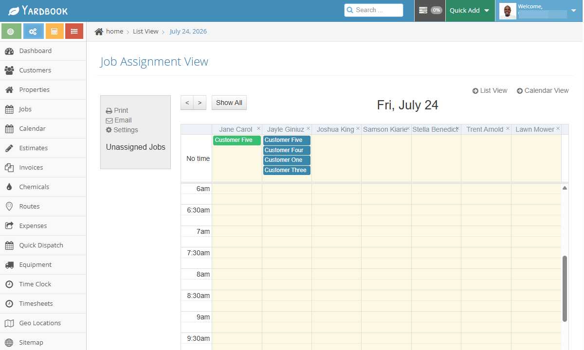 Screenshot showing Yardbooks jobs assignment view.