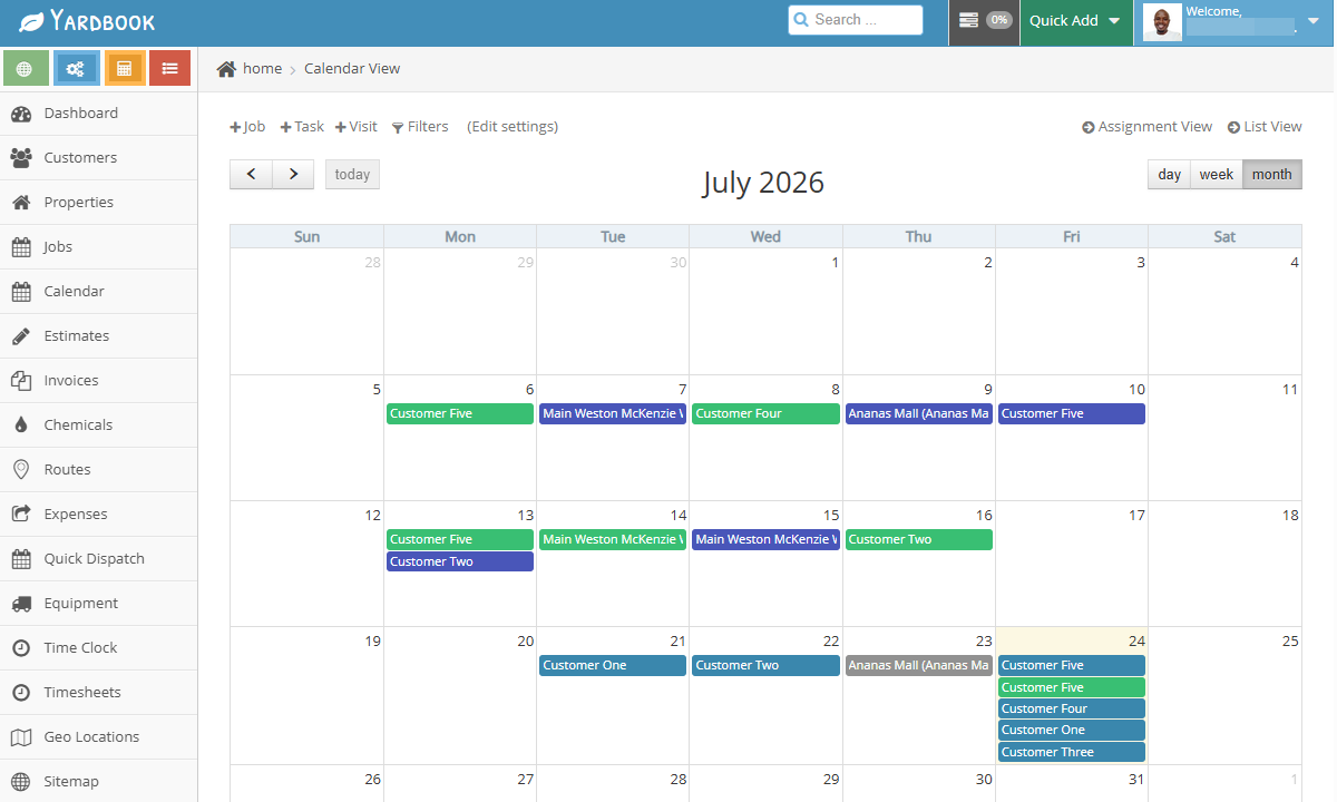 Screenshot showing Yardbooks jobs calendar view.