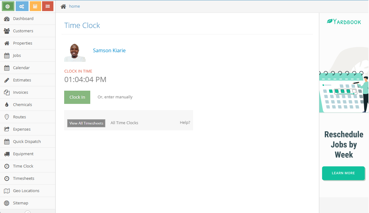 Screenshot showing the time clock page on web app.